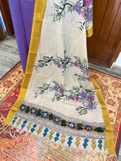pure cotton kurti material paired with penkalamkari dupatta