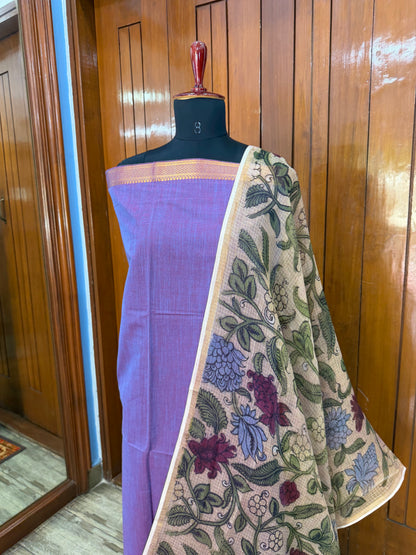 pure cotton kurti material paired with penkalamkari dupatta.