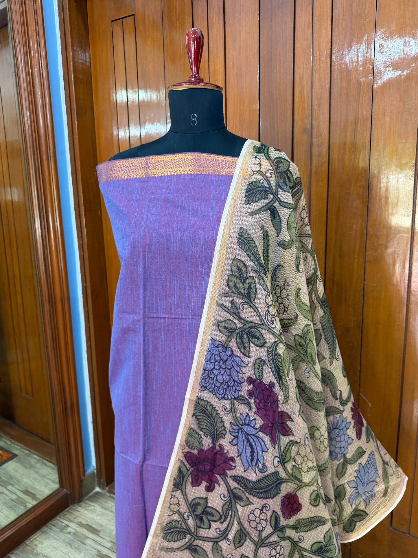 pure cotton kurti material paired with penkalamkari dupatta.