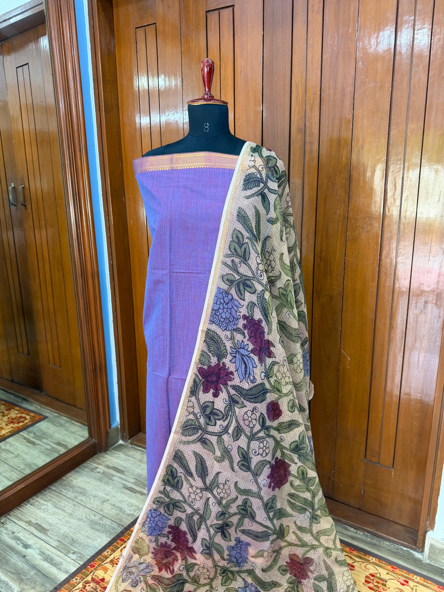 pure cotton kurti material paired with penkalamkari dupatta.