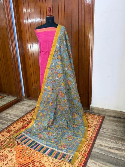 Purecotton kurti material paired with penkalamkari dupatta