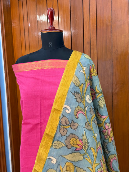 Purecotton kurti material paired with penkalamkari dupatta
