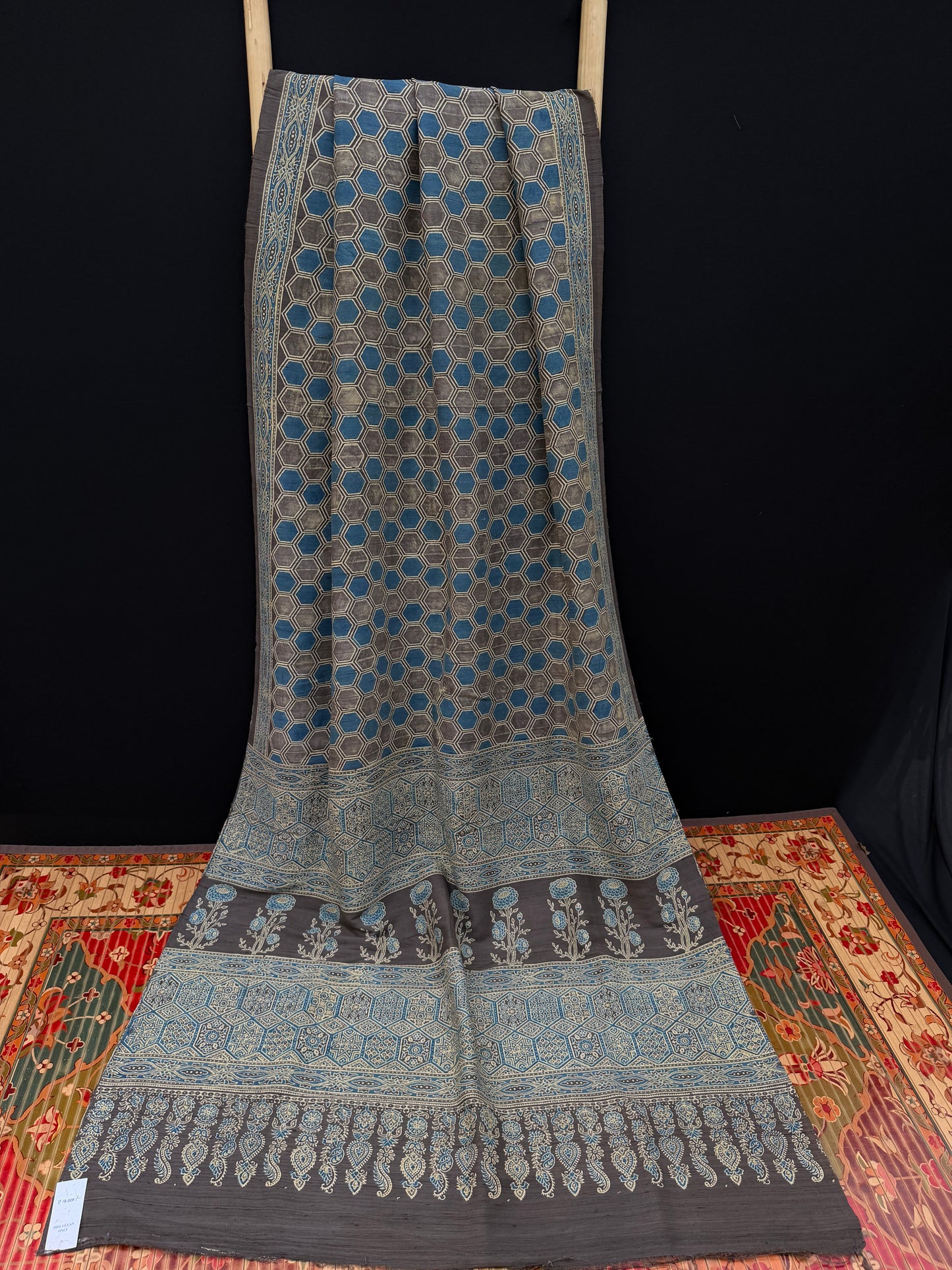 Handblock printed Ajrakh on raw silk sarees