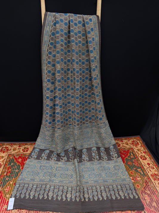 Handblock printed Ajrakh on raw silk sarees