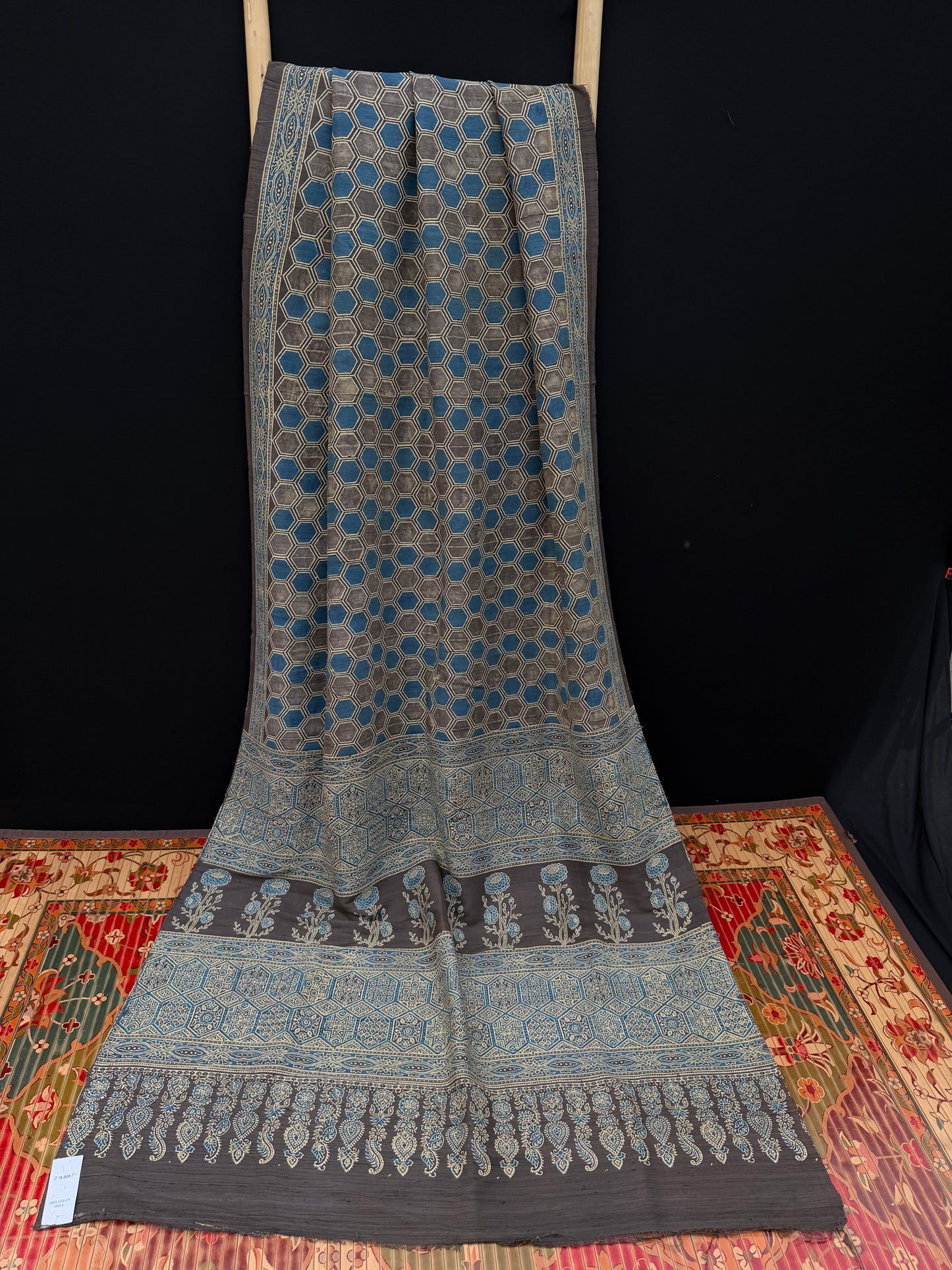 Handblock printed Ajrakh on raw silk sarees