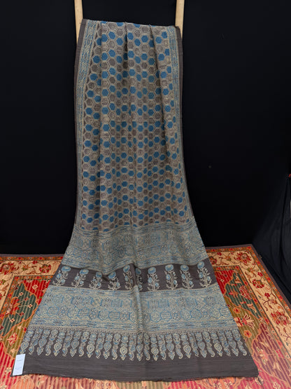 Handblock printed Ajrakh on raw silk sarees