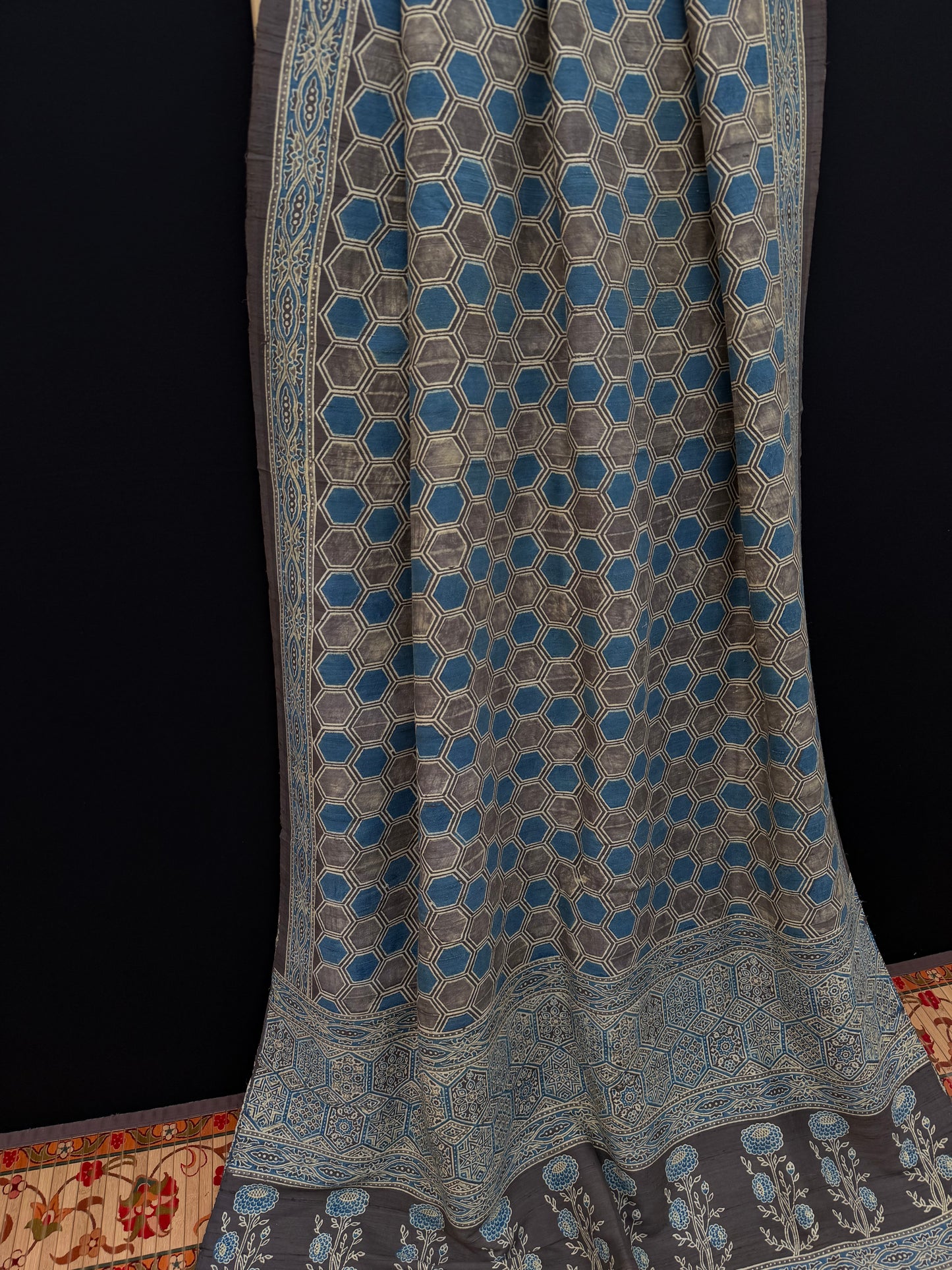 Handblock printed Ajrakh on raw silk sarees