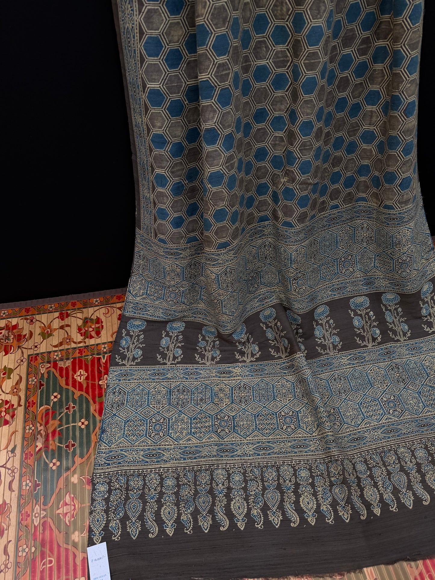 Handblock printed Ajrakh on raw silk sarees