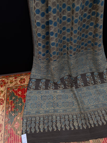 Handblock printed Ajrakh on raw silk sarees