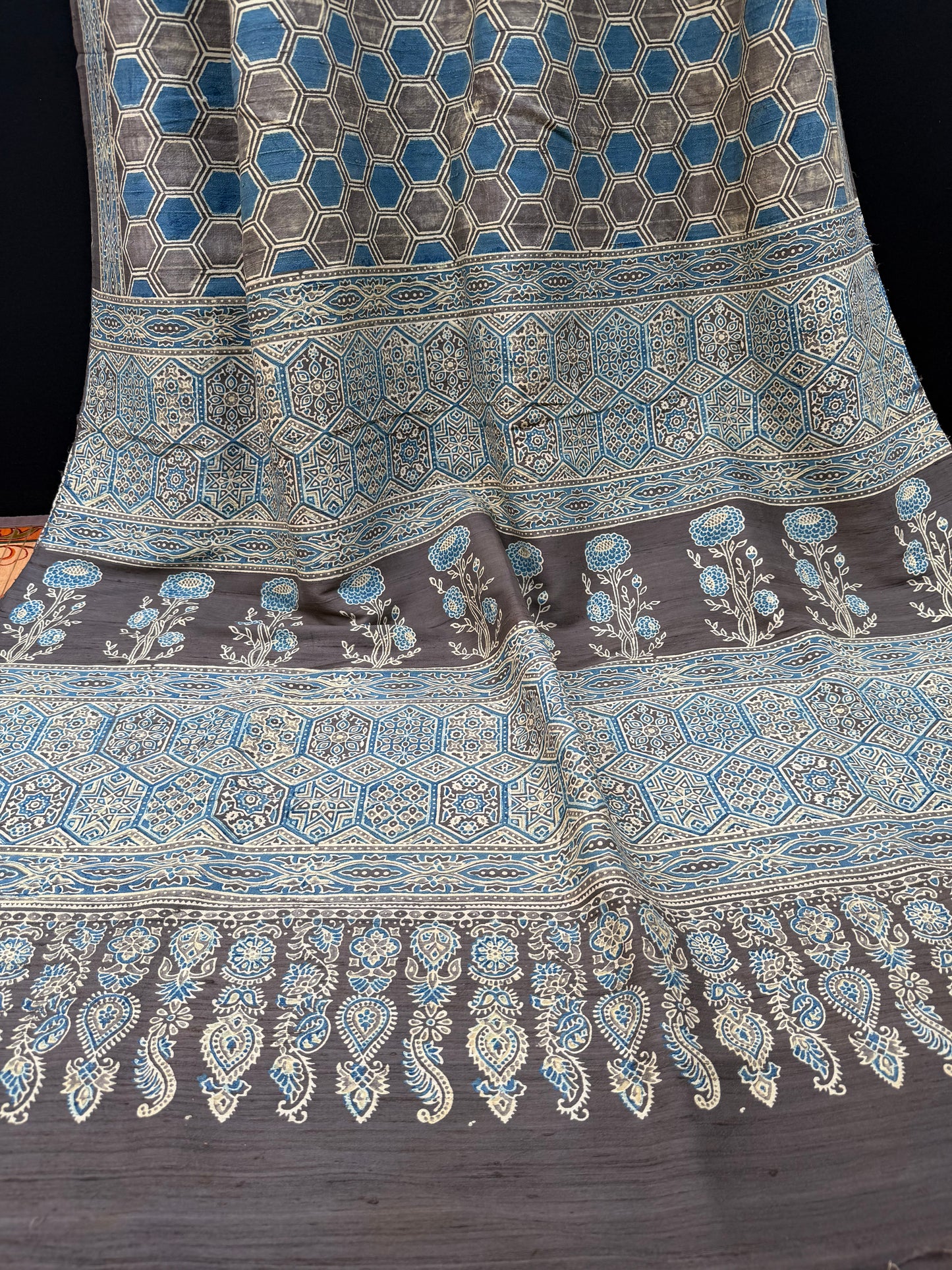 Handblock printed Ajrakh on raw silk sarees