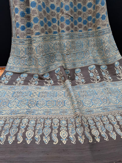 Handblock printed Ajrakh on raw silk sarees