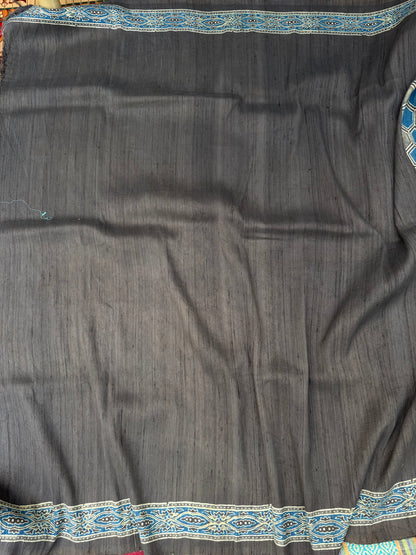 Handblock printed Ajrakh on raw silk sarees