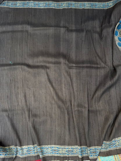 Handblock printed Ajrakh on raw silk sarees