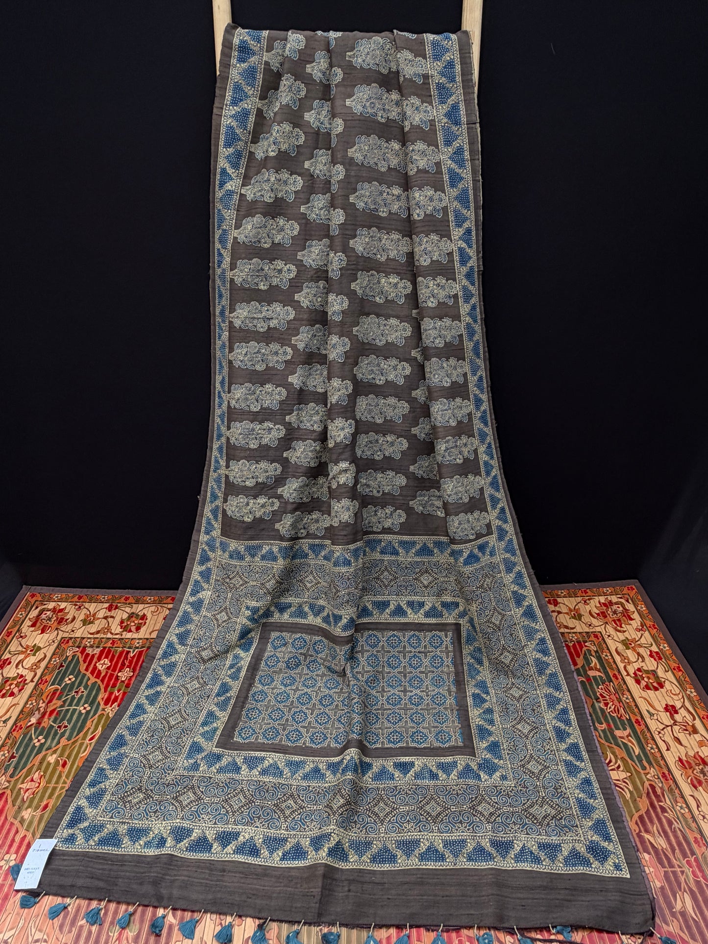 Handblock printed Ajrakh on raw silk sarees