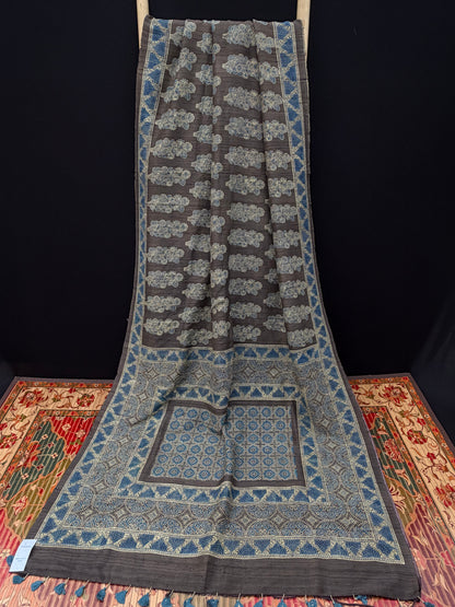 Handblock printed Ajrakh on raw silk sarees
