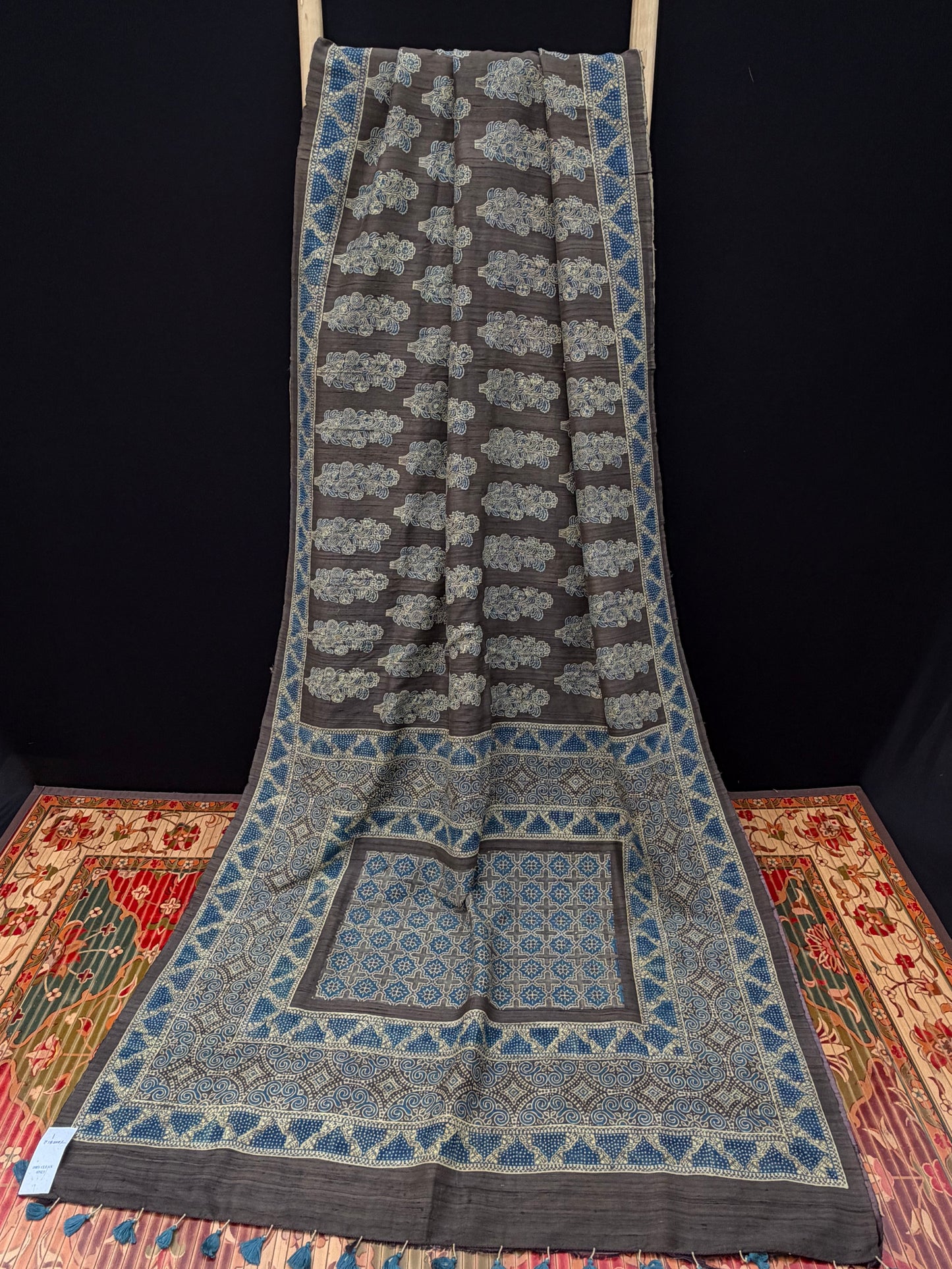 Handblock printed Ajrakh on raw silk sarees