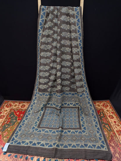Handblock printed Ajrakh on raw silk sarees
