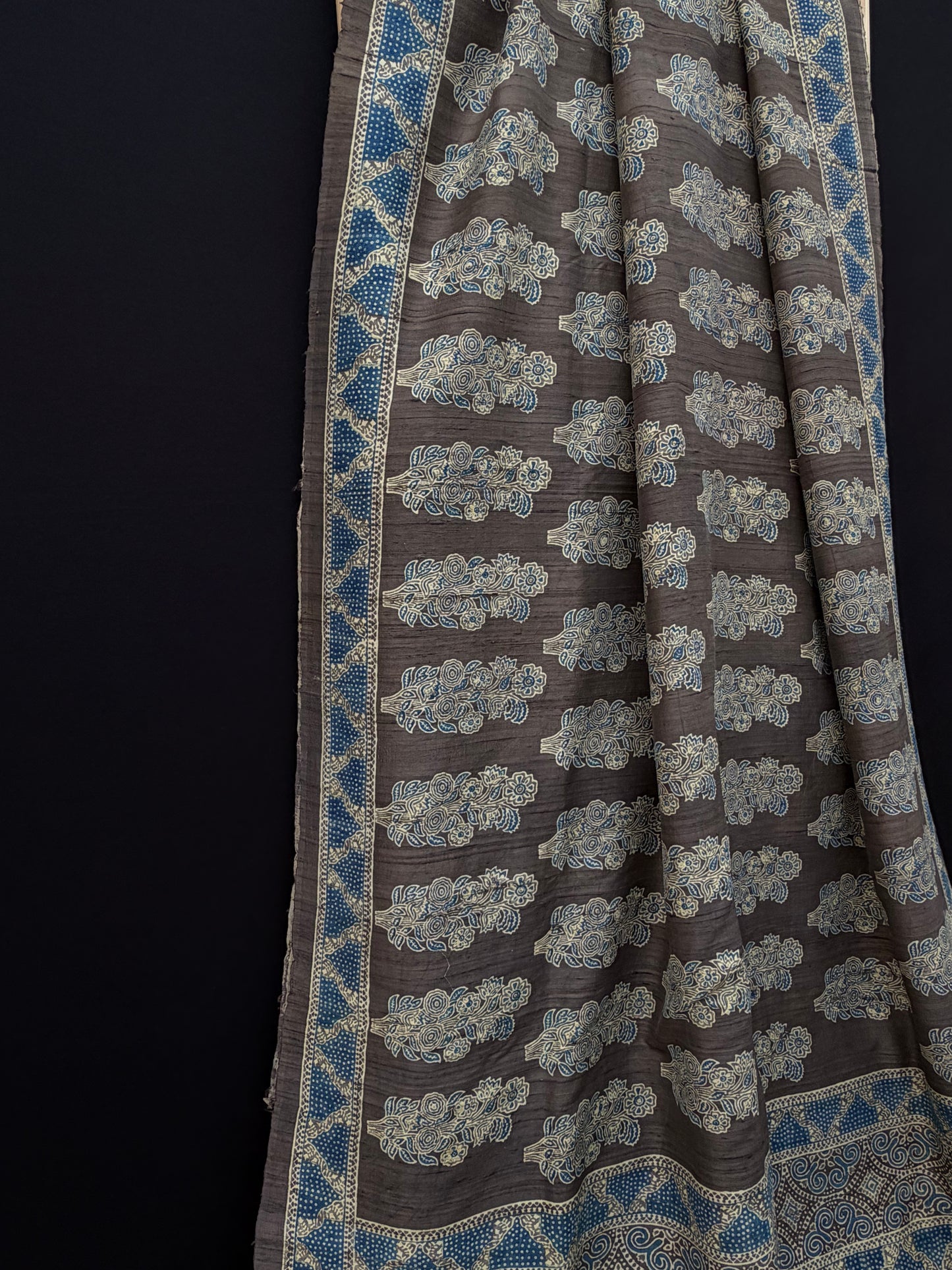 Handblock printed Ajrakh on raw silk sarees