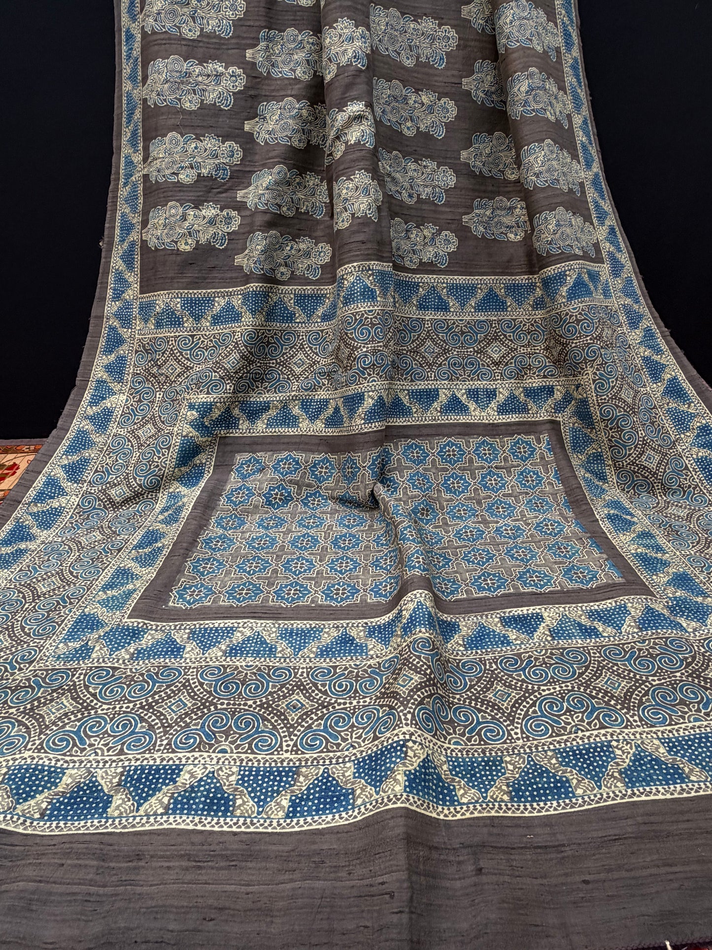 Handblock printed Ajrakh on raw silk sarees