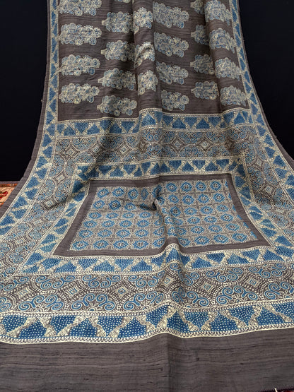 Handblock printed Ajrakh on raw silk sarees