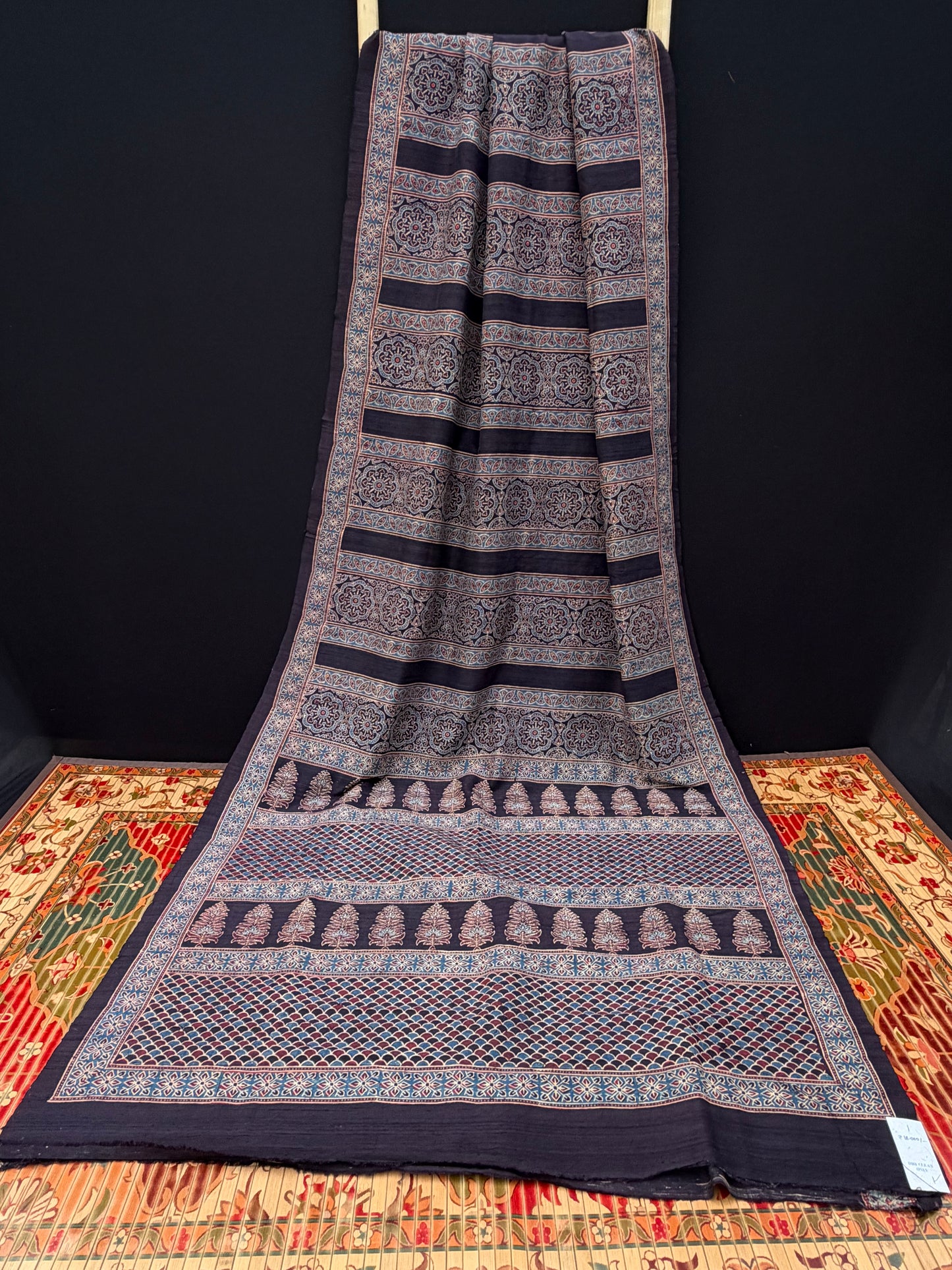 Handblock printed Ajrakh on raw silk sarees