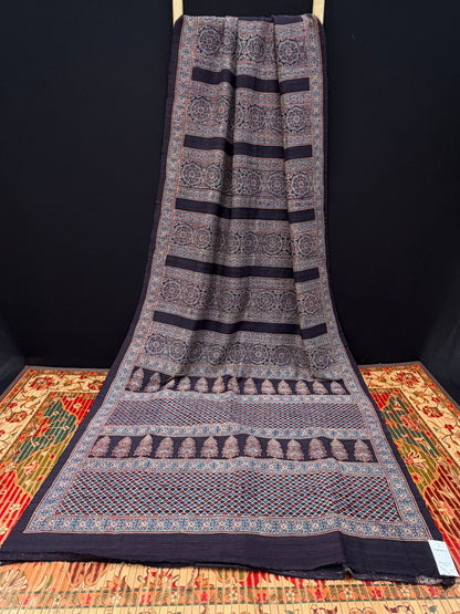 Handblock printed Ajrakh on raw silk sarees