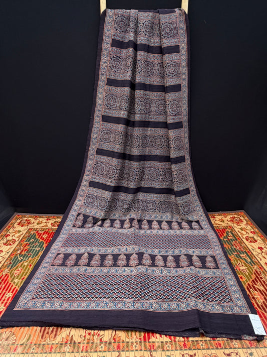 Handblock printed Ajrakh on raw silk sarees