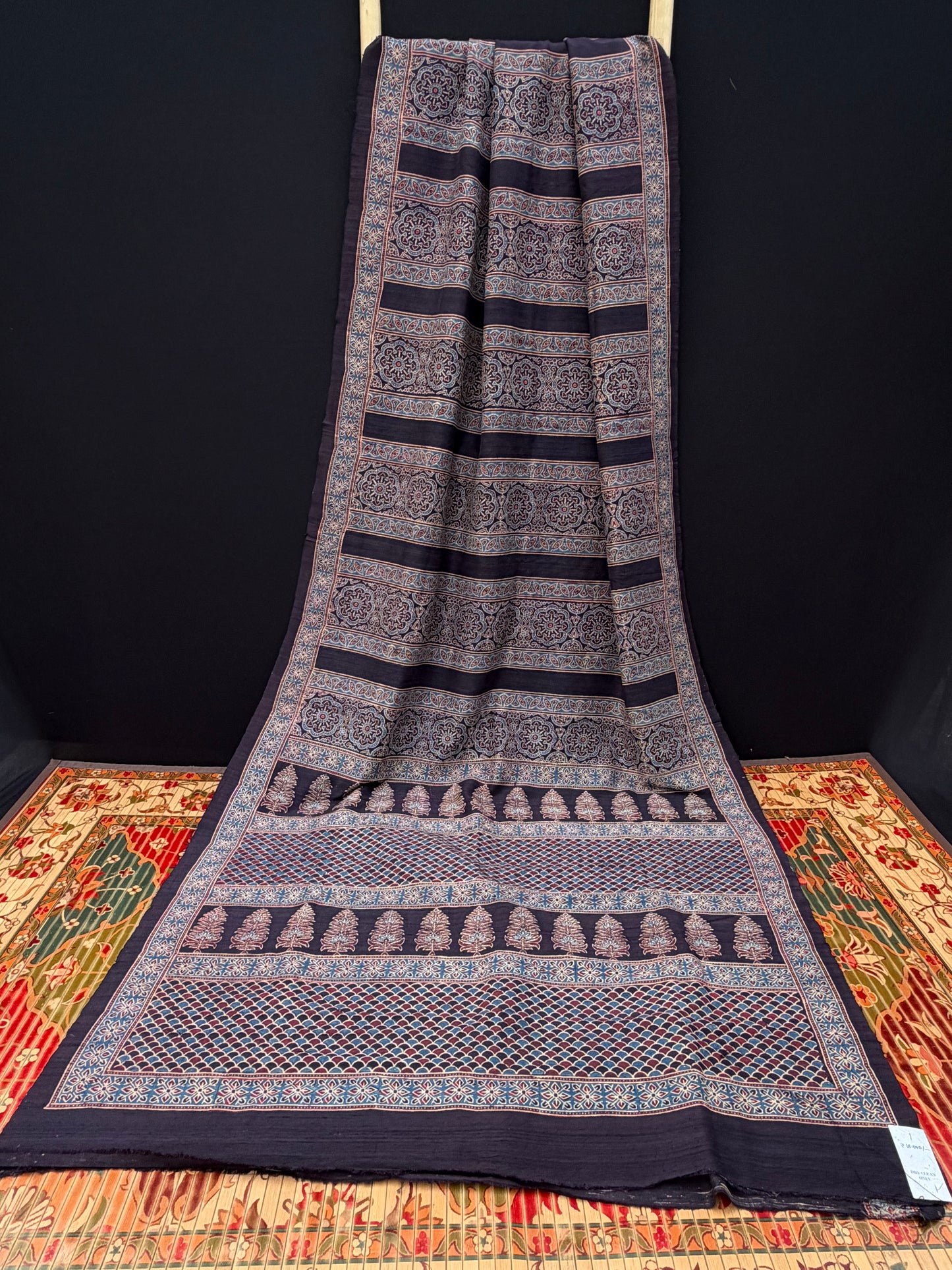 Handblock printed Ajrakh on raw silk sarees