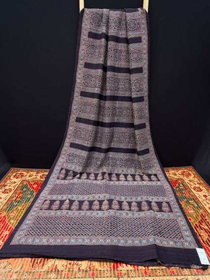 Handblock printed Ajrakh on raw silk sarees