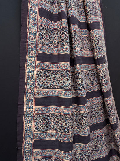 Handblock printed Ajrakh on raw silk sarees