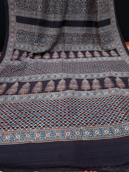 Handblock printed Ajrakh on raw silk sarees