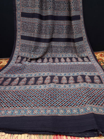 Handblock printed Ajrakh on raw silk sarees