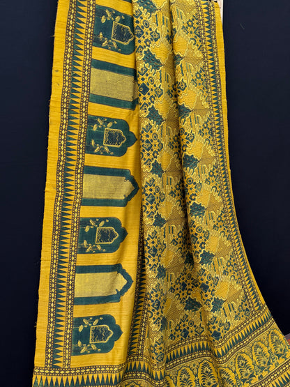 Handblock printed Ajrakh on raw silk sarees