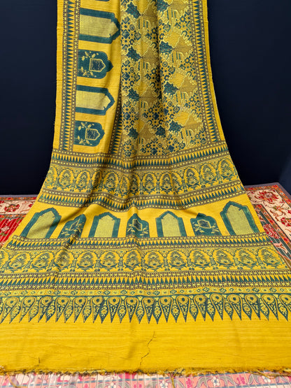 Handblock printed Ajrakh on raw silk sarees