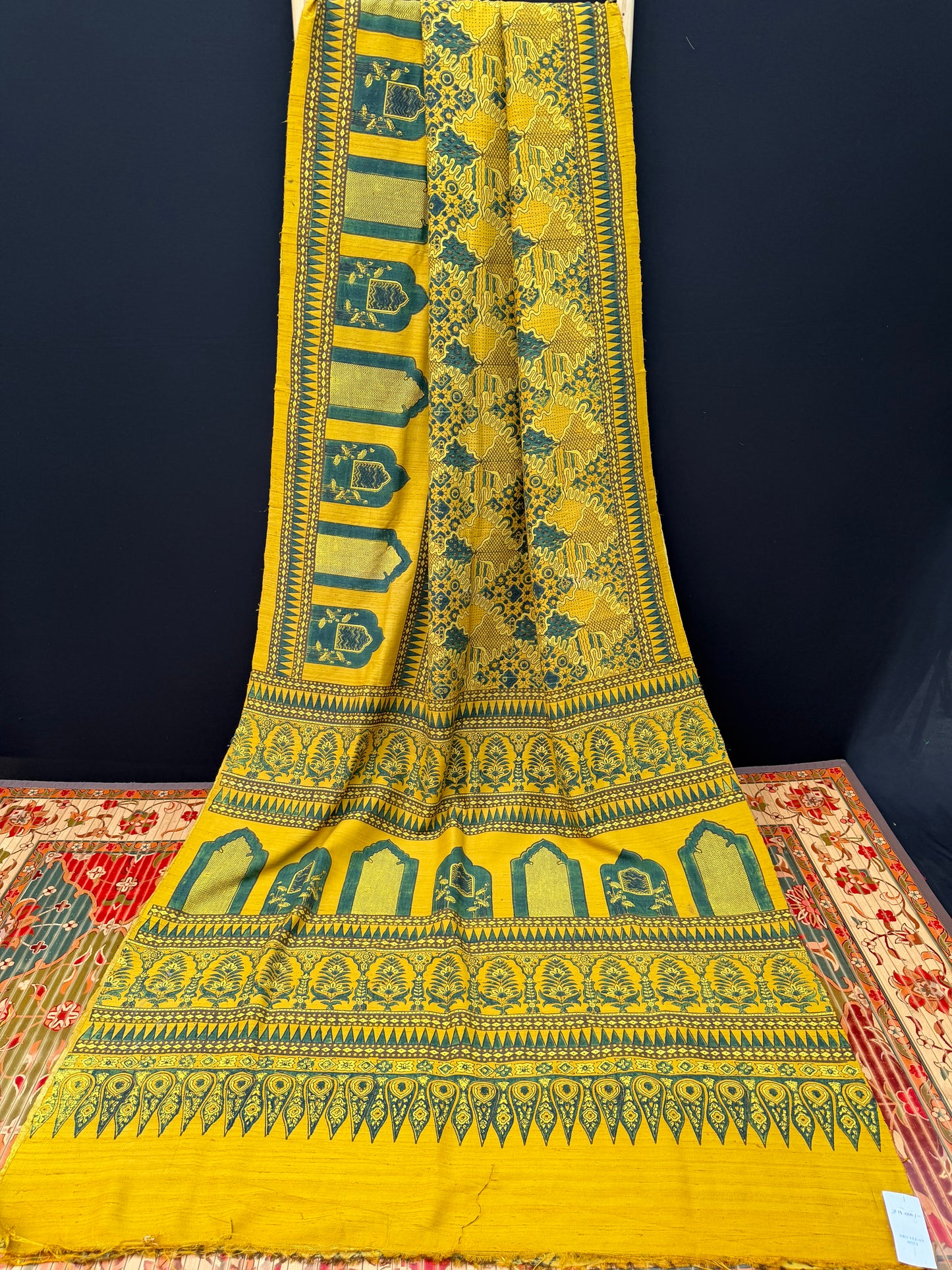 Handblock printed Ajrakh on raw silk sarees