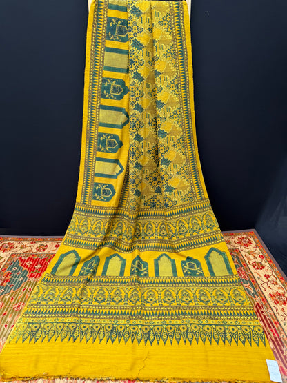 Handblock printed Ajrakh on raw silk sarees