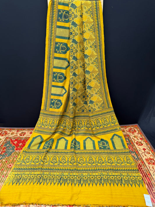 Handblock printed Ajrakh on raw silk sarees