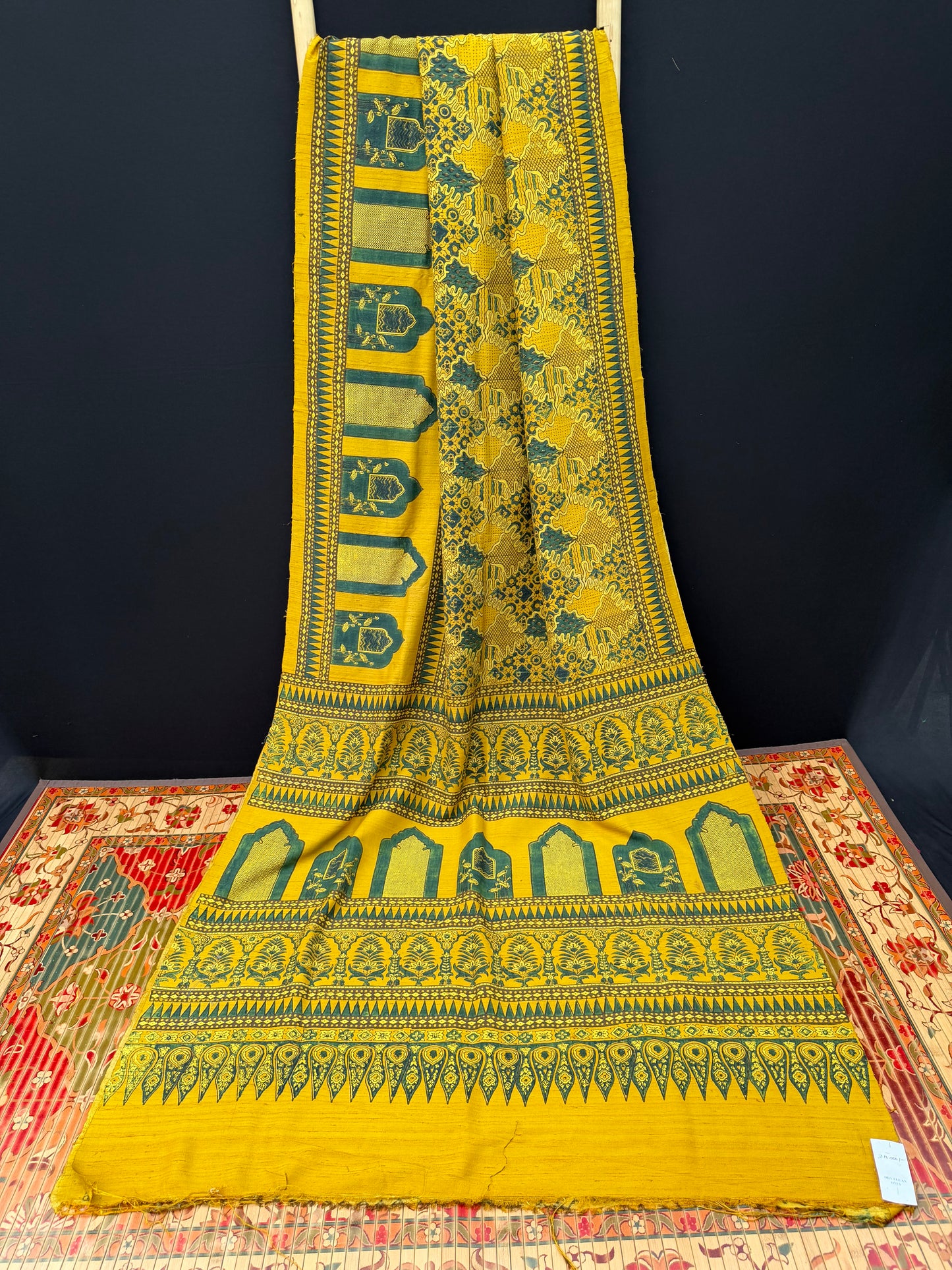Handblock printed Ajrakh on raw silk sarees