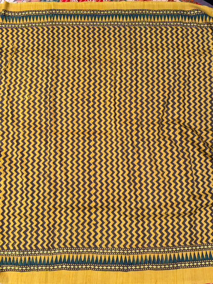 Handblock printed Ajrakh on raw silk sarees