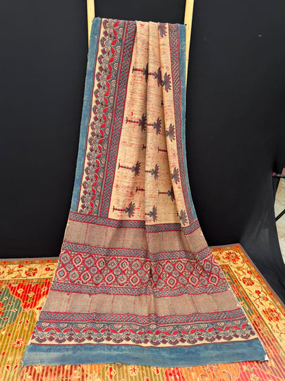 Handblock printed Ajrakh on raw silk sarees