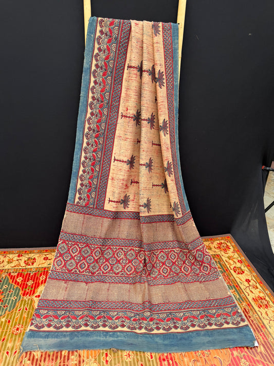 Handblock printed Ajrakh on raw silk sarees