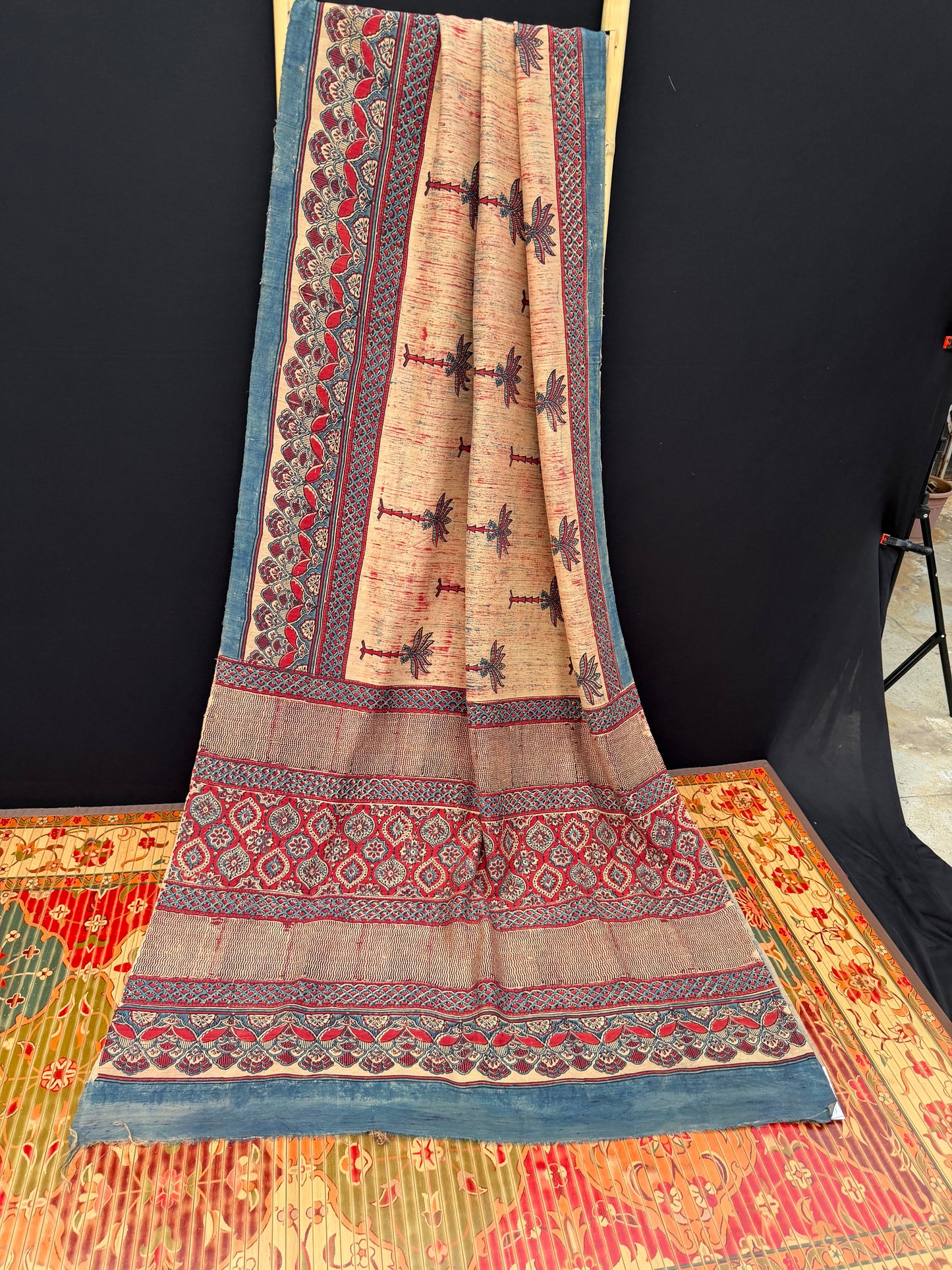 Handblock printed Ajrakh on raw silk sarees
