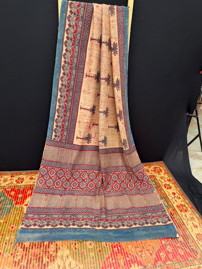 Handblock printed Ajrakh on raw silk sarees