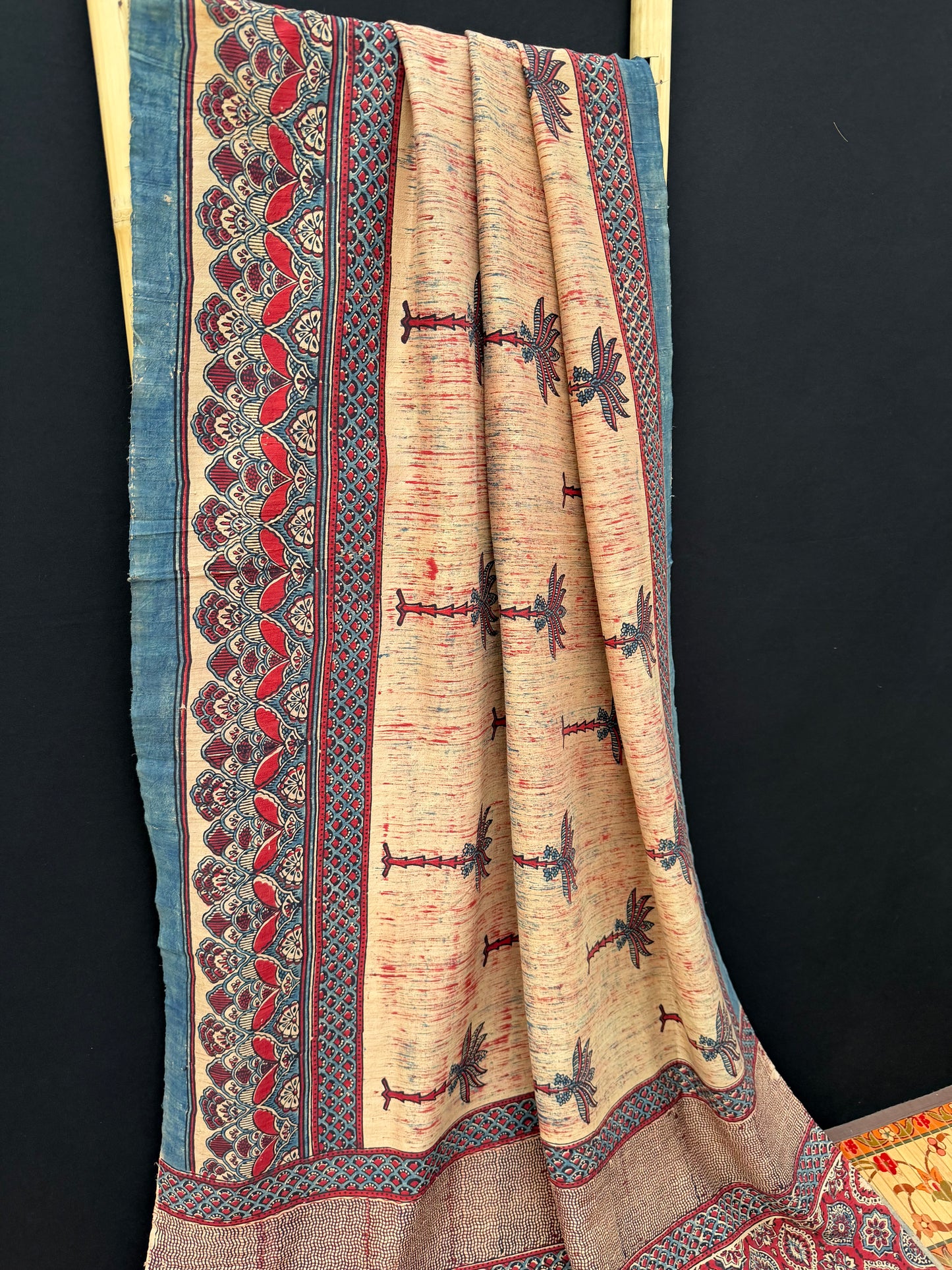 Handblock printed Ajrakh on raw silk sarees