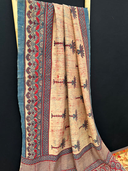 Handblock printed Ajrakh on raw silk sarees