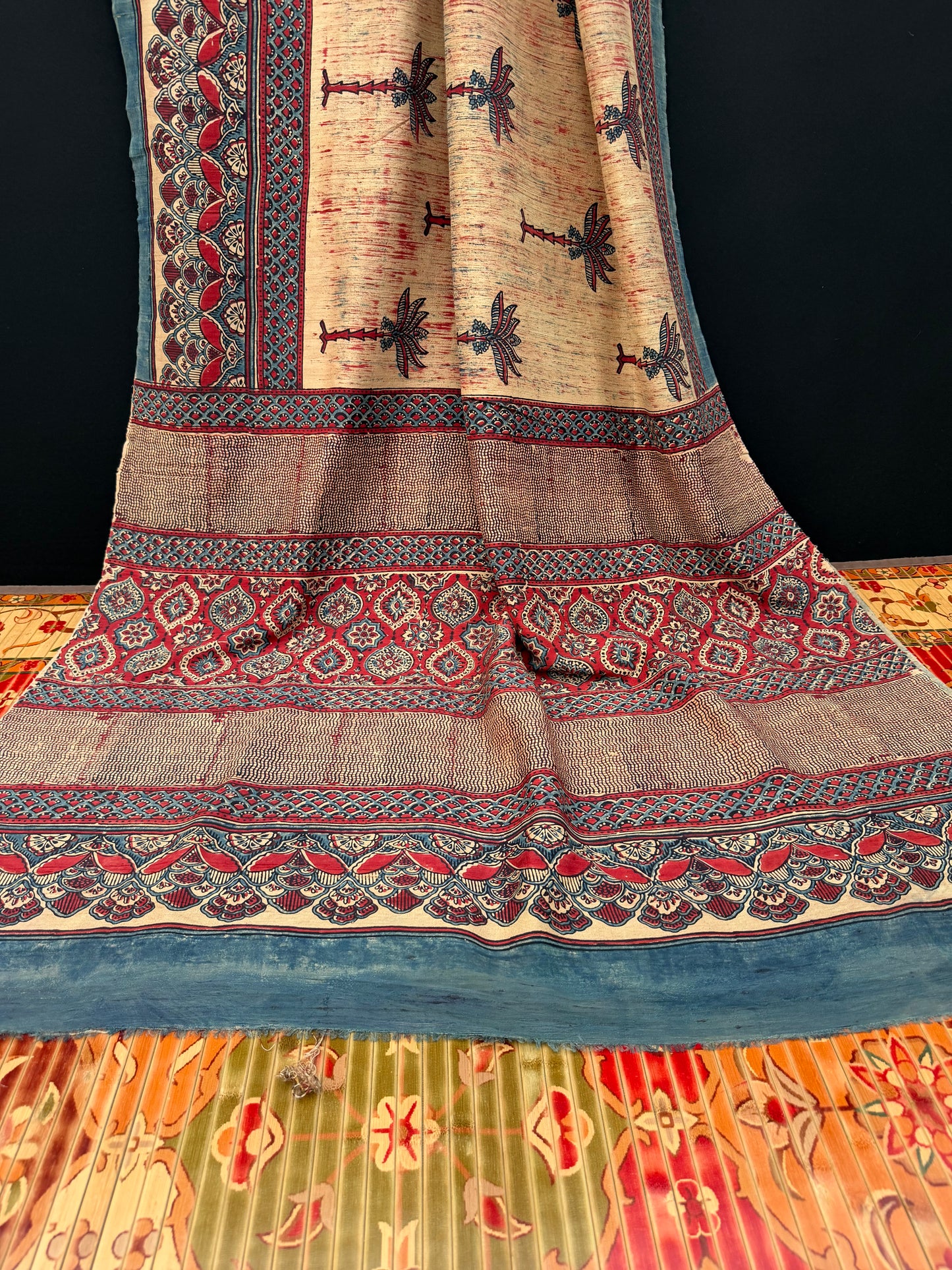 Handblock printed Ajrakh on raw silk sarees