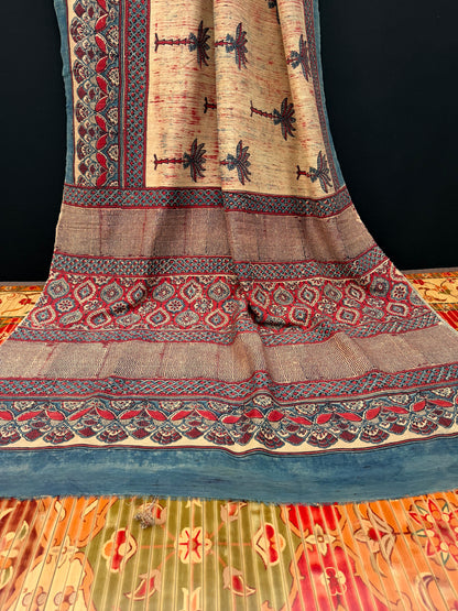 Handblock printed Ajrakh on raw silk sarees