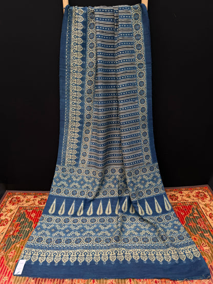 Handblock printed Ajrakh on raw silk sarees