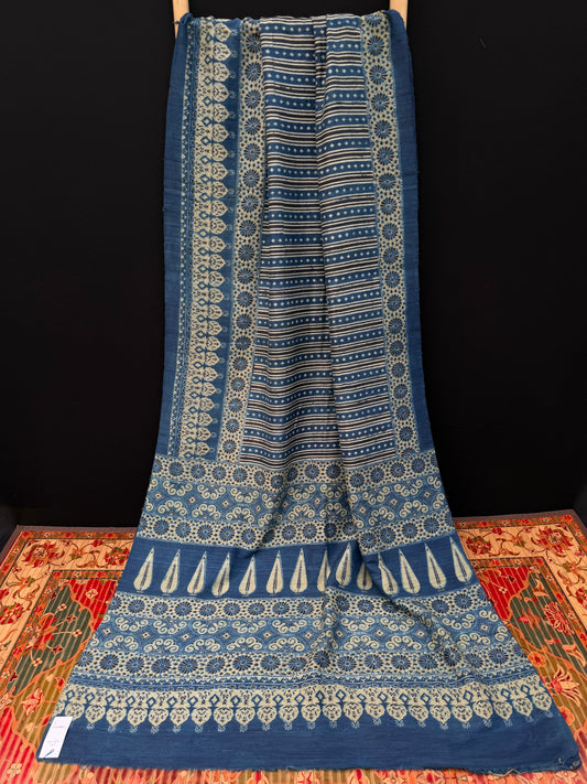 Handblock printed Ajrakh on raw silk sarees