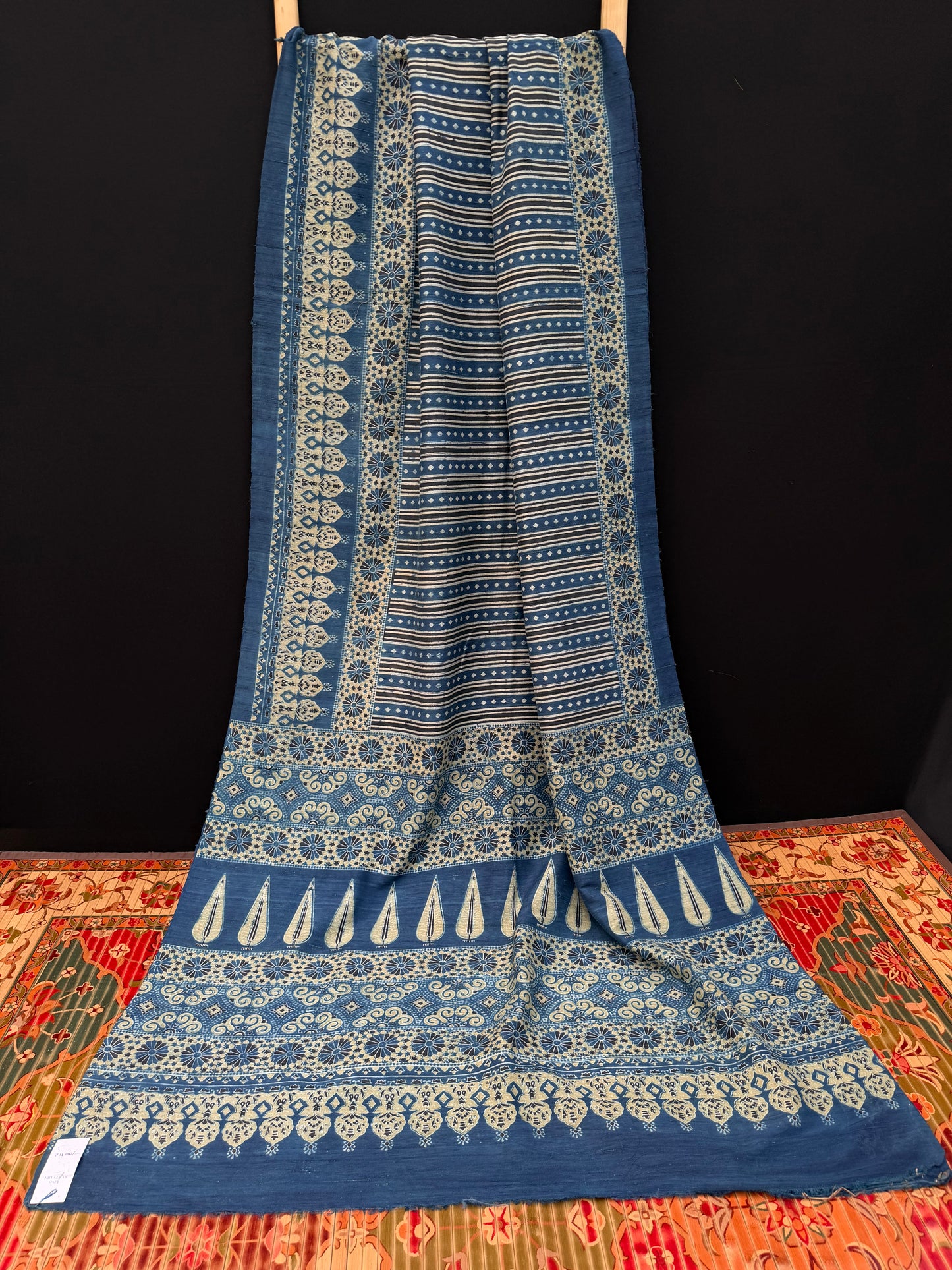 Handblock printed Ajrakh on raw silk sarees